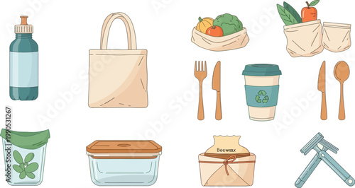 Zero waste lifestyle tools include a reusable bottle, fabric bags, glass containers, and wooden cutlery for sustainable living.