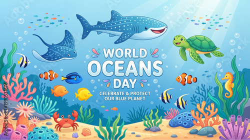 Marine wildlife underwater scene with shark turtle coral reef and tropical fish creating vibrant ocean life illustration for awareness campaigns connected to world oceans day celebration use