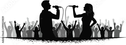 Singers performing on stage with microphones in front of cheering crowd silhouettes
