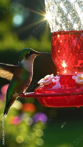 Close-up of a vibrant red hummingbird feeder with flowers in a sunny garden.