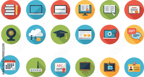 education, learning, online, e-learning, school, university, digital, icons, flat, design, set, knowledge, books, laptop, graduation, classroom, training, course, tutorial, infographic
