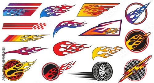 Collection of racing flame decals and graphics for vehicles.