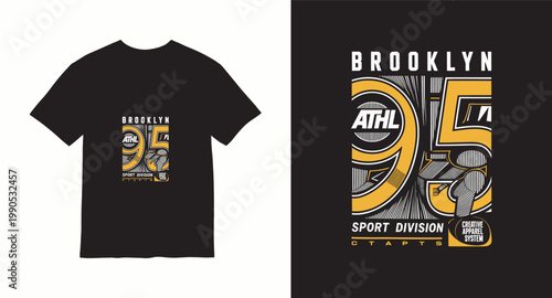 Brooklyn sport division t-shirt design with numbers and technical graphic elements.