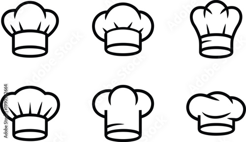 Six black outline chef hats icon set representing culinary professionals and food service industry elements