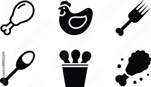 Collection of six black and white vector icons representing chicken dishes and a chicken bird isolated on transparent background