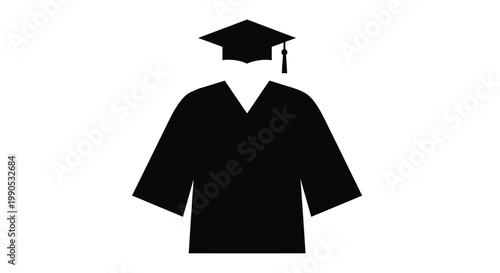 Black graduation cap and gown illustration on transparent background silhouette