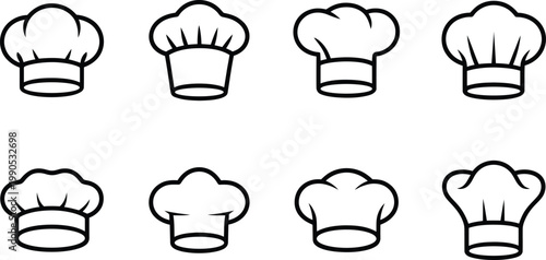 Collection of eight different chef hats outlined in black on a white background representing culinary professions