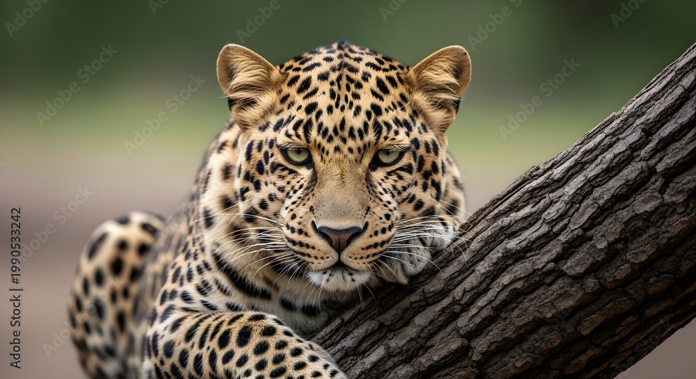 Fototapeta premium Majestic leopard resting on tree branch in natural habitat