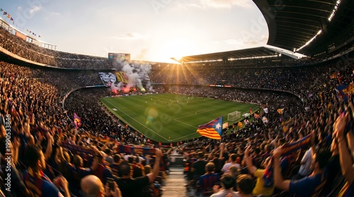 Grand sports stadium packed with cheering fans under a breathtaking sunset, capturing the electrifying atmosphere of a major event with an illuminated field
