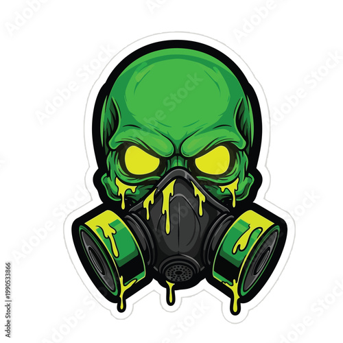 Green skull gas mask sticker, toxic zombie head, yellow eyes, vector illustration, grunge style