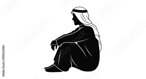 Seated man in traditional clothing a striking black silhouette on transparent background