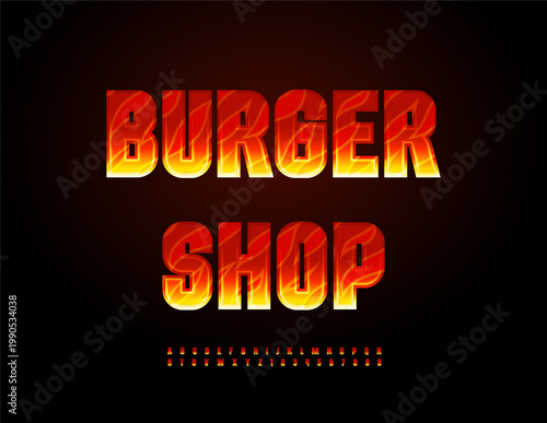 Vector Hot board Burger Shop. bright Fire Font. Burning Alphabet Letters and Numbers set.