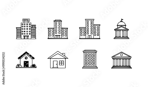 Building icon set vector hotel house apartment government architecture