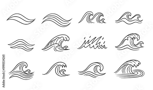 Doodle wave icons vector set sea ocean water scribble line art