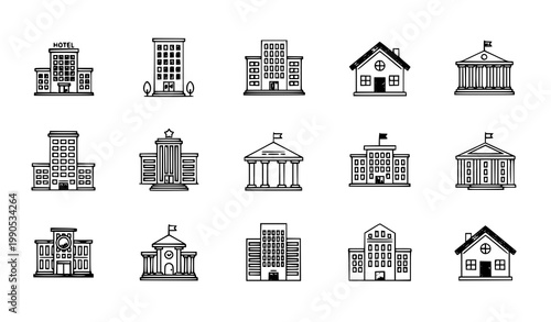 Public building icon set vector hotel apartment house government illustration