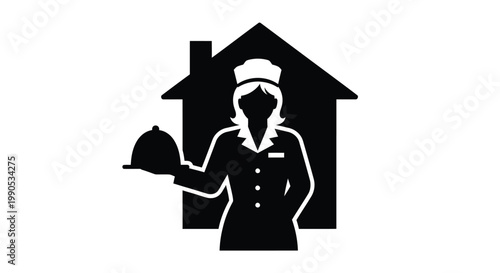 A black silhouette of a maid serving in front of a house on transparent background