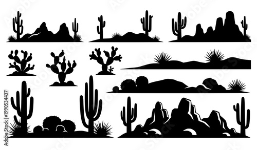 Desert cactus silhouette bundle vector landscape western scenery set