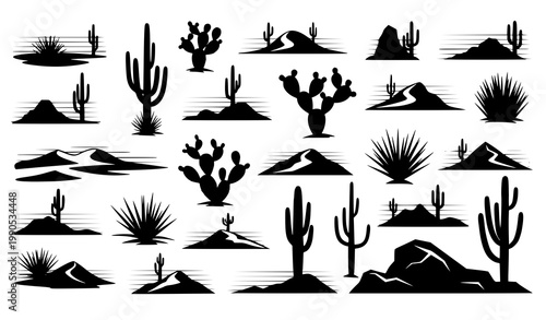 Desert cactus silhouette vector bundle landscape cactus sand dunes set