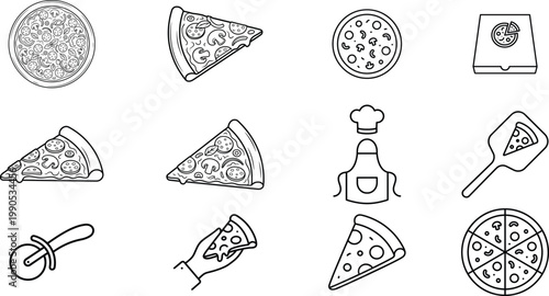 A collection of black and white line art icons depicting various pizza related elements and cooking utensils
