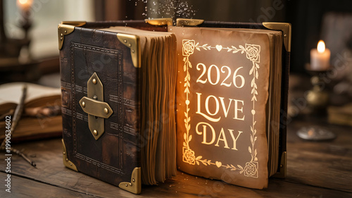 Book with antique leather binding and metallic corners displays 2026 Love Day on its illuminated pages, resting on a wooden desk beside a flickering candle to evoke a romantic atmosphere.