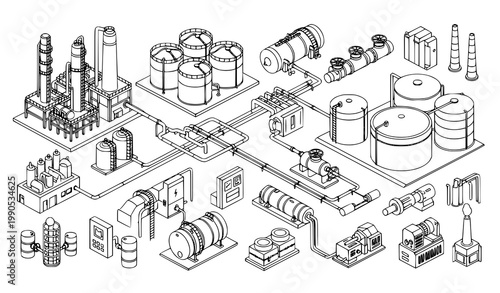 Fuel factory isometric line icon set oil refinery energy industry vector
