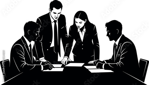 Professional Business Team Meeting Illustration Featuring Corporate Colleagues Collaborating Around Office Table for Strategy Planning, Partnership, Leadership, and Management Success Concept Vector