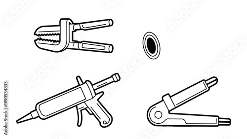 Mechanical Handyman Toolkit : A detailed outline of a comprehensive handyman toolkit including an adjustable wrench, caulk gun, cartridge caulk, and a sealing gun.