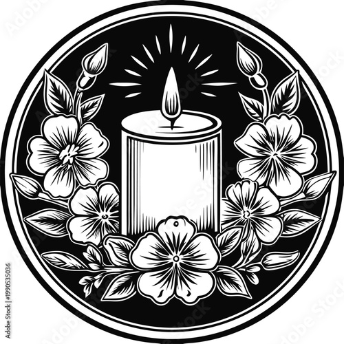 Black and white candle icon with flowers, floral illustration, candle logo, line art