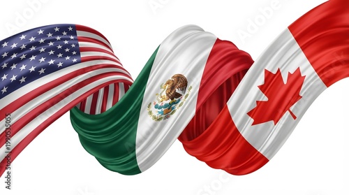 Illustration depicting the flags of the United States, Mexico, and Canada intertwined in a wavy ribbon symbolizing North American trade and cooperation