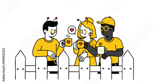 Neighbors Chatting Over a Picket Fence with Hot Drinks