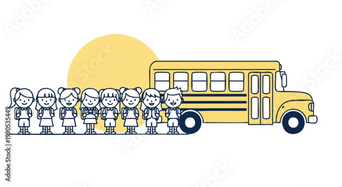 School Children Queueing to Board a Yellow School Bus Illustration