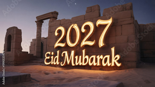 Numbers 2027 and the words Eid Mubarak shine with warm golden light against the weathered stone walls of an ancient desert ruin during the tranquil twilight hours of a calm evening celebration.