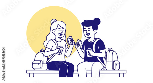 Two Happy Students Having Lunch and Talking on a Bench Vector