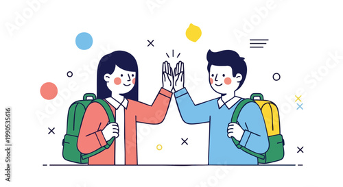 Successful Students with Backpacks Giving High Five