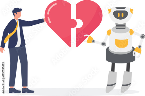 Business professional and robot completing heart puzzle together