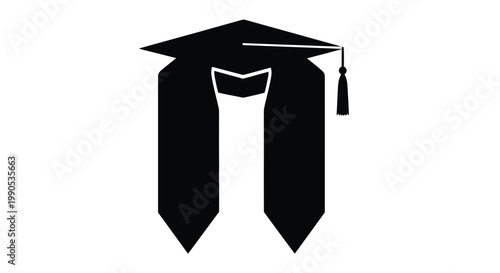 Black graduation cap and gown silhouette on transparent background