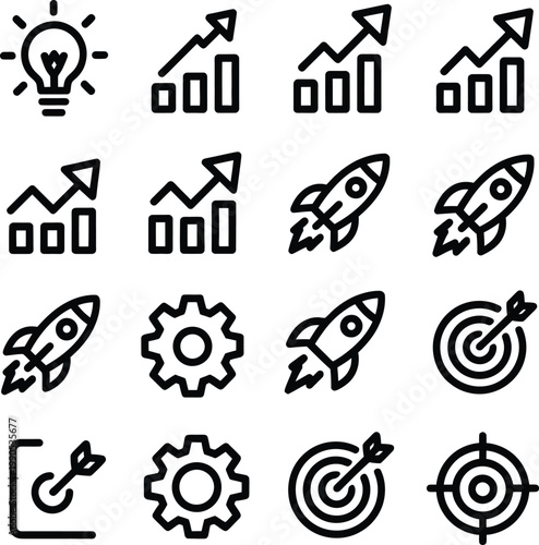 Set of business and startup including lightbulb, growth charts, rockets, gears, and targets