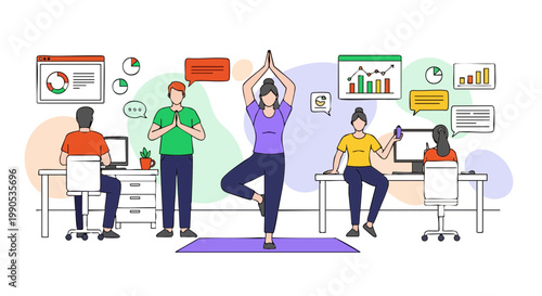 Corporate Wellness Program with Employees Practicing Yoga in the Office