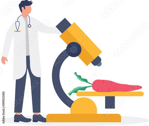 Specialist examining healthy carrot under clinical microscope