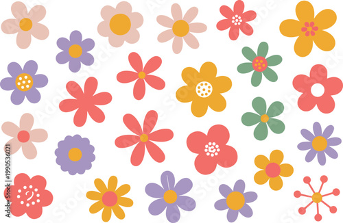 Whimsical mini flower icons set with playful organic shapes, lively floral collection for fun casual designs, patterns, branding and vector use