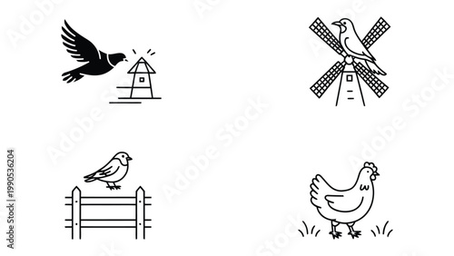 Simple Bird Icon Set: Minimalist icons of birds representing various poses, capturing their graceful movement and interaction with elements.