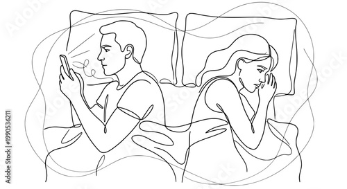 Couple emotionally disconnected in bed – relationship problems and modern loneliness