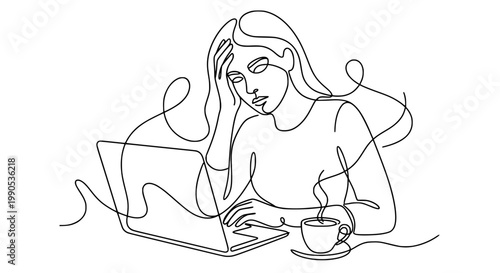 Exhausted woman with laptop and coffee – mental overload and work stress concept