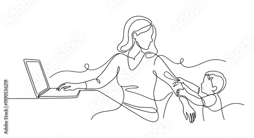 Working mother interrupted by child – stress, multitasking and family life concept