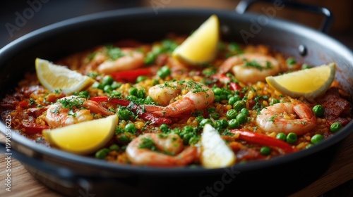 Shrimp paella with lemon wedges, green peas, and red bell peppers in a black skillet on a wooden surface, showcasing vibrant colors and textures of the dish