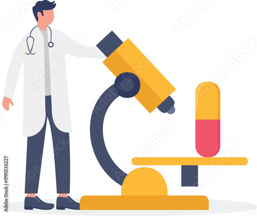 Expert testing medical capsule pill under clinical microscope