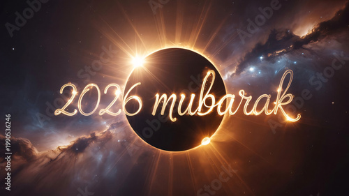 Eclipse featuring a glowing sun and the elegant golden text 2026 mubarak shines brightly against a dramatic deep space nebula background to celebrate the arrival of the upcoming calendar year.