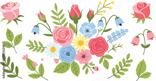 Vibrant collection of colorful flowers and leaves illustration on transparent background.