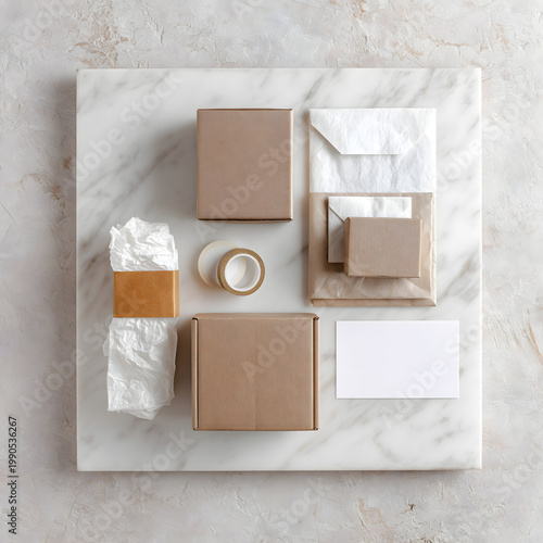 Minimal Eco Packaging Mockup on Marble Background with Neutral Tones