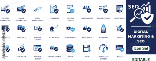 Digital marketing and seo editable solid icon set. Containing email,  seo, content, product, website, social media, growth, online video, sales, online advertising and more vector icons collection. 